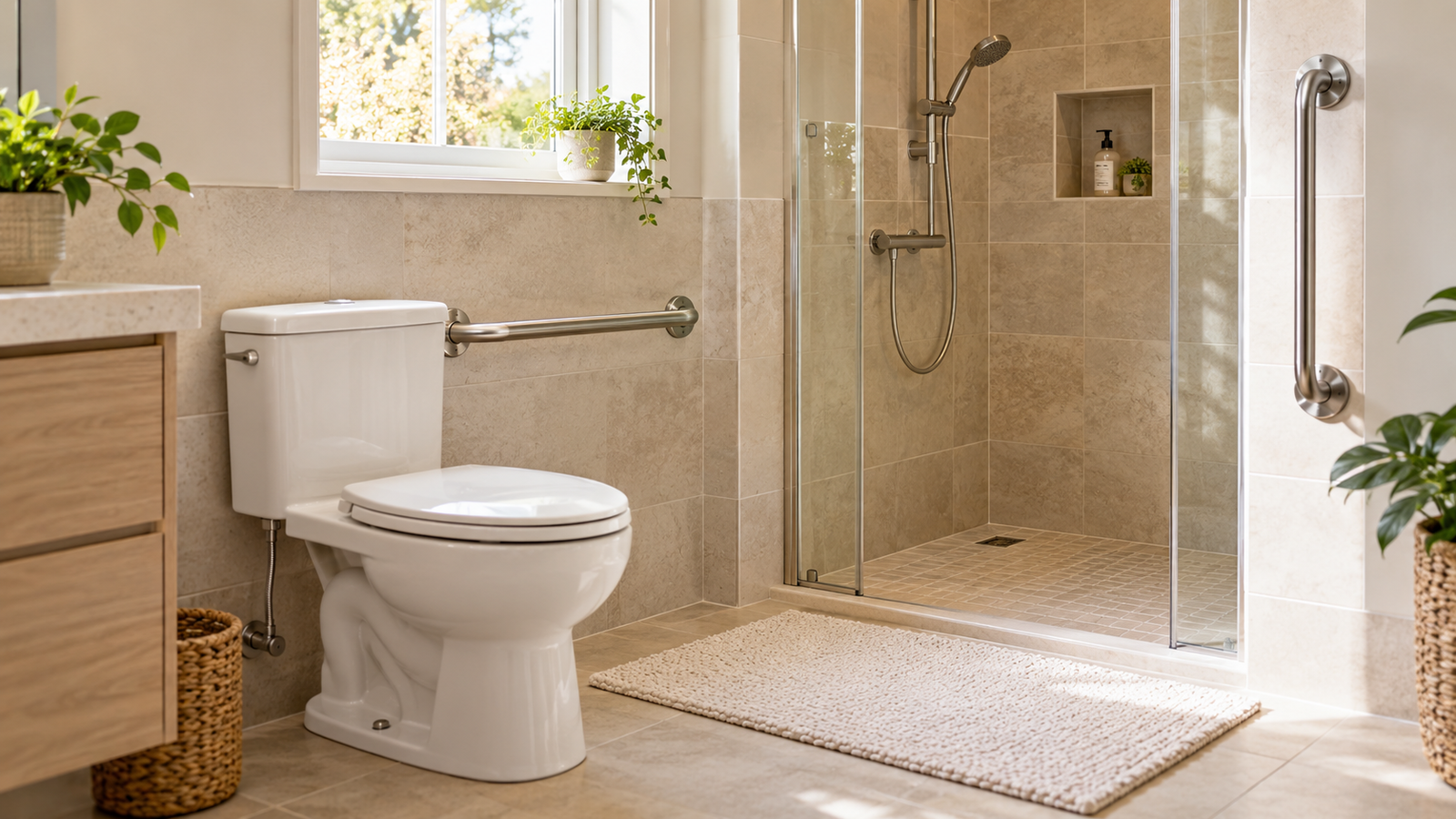 accessible bathroom with fixed safety rails