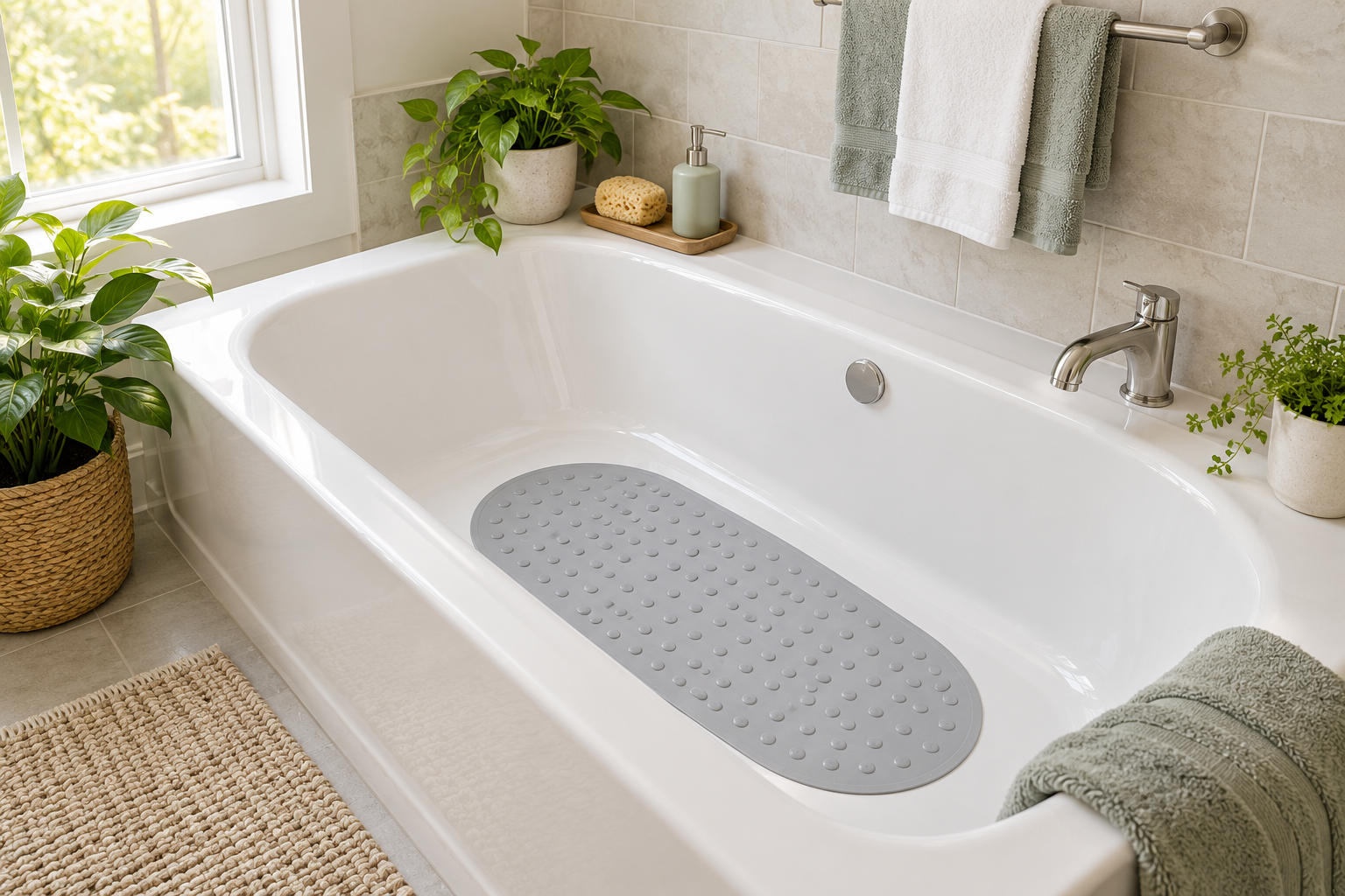 bright bathroom with non slip bath mat