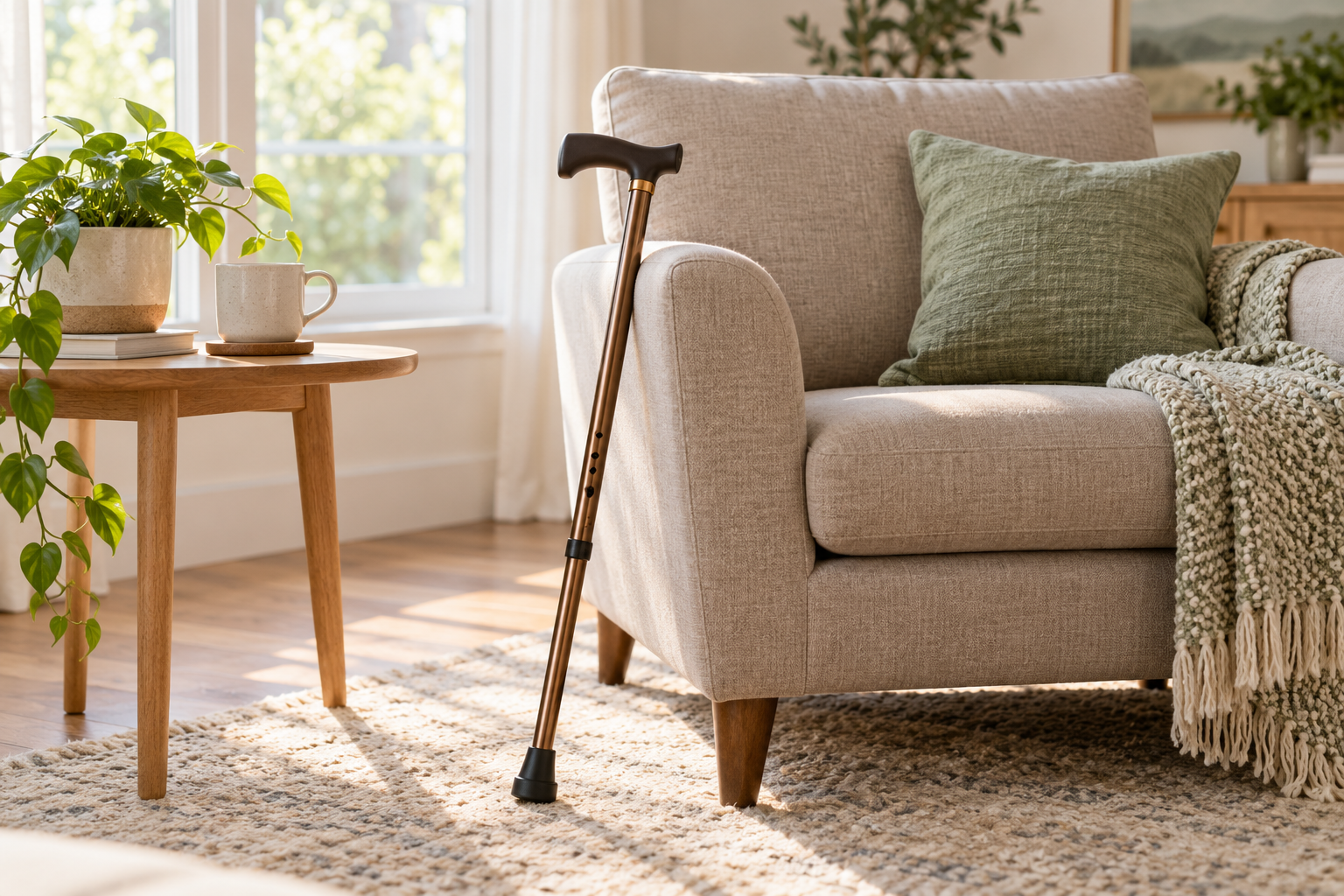 elegant cane beside a cozy armchair