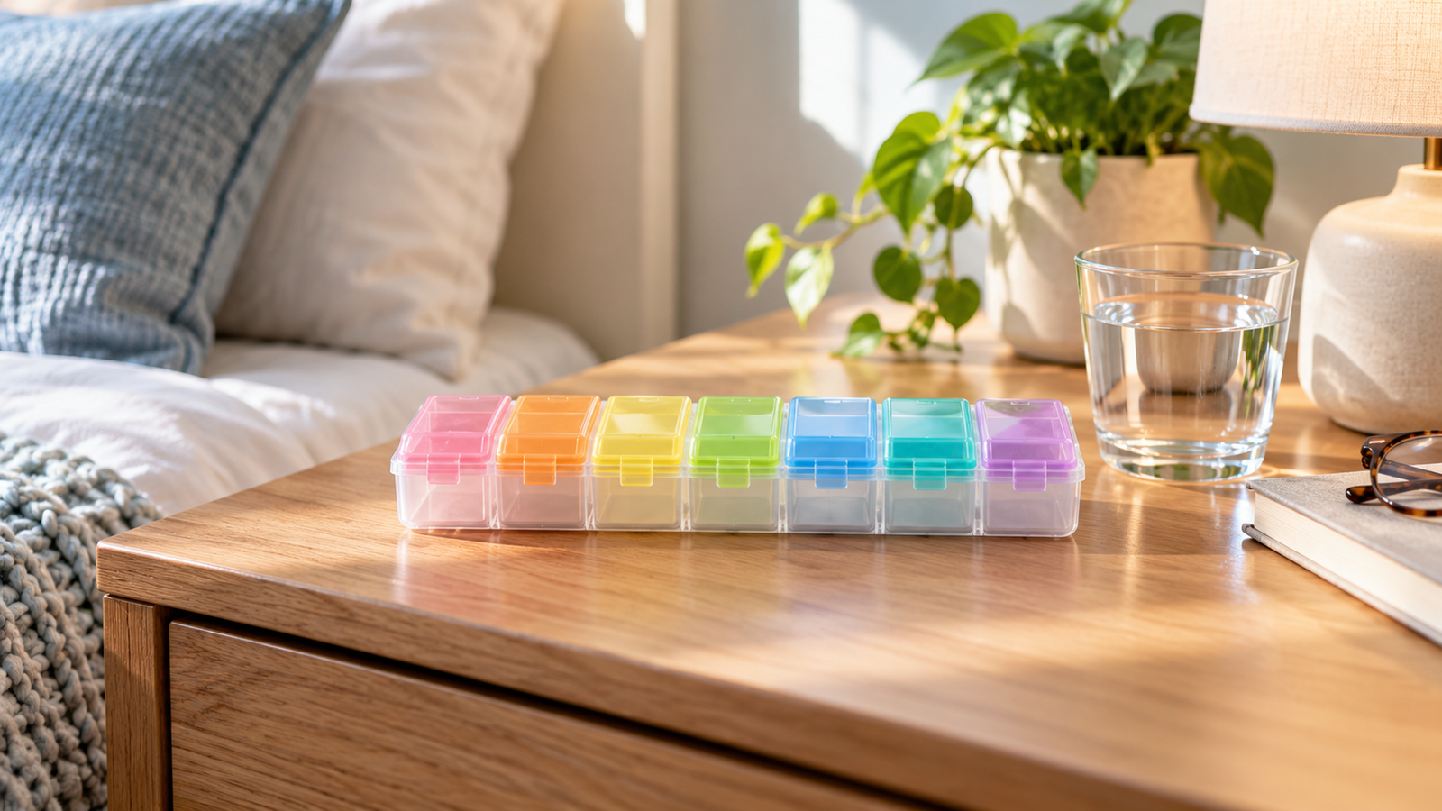 weekly pill organizer in soft morning light